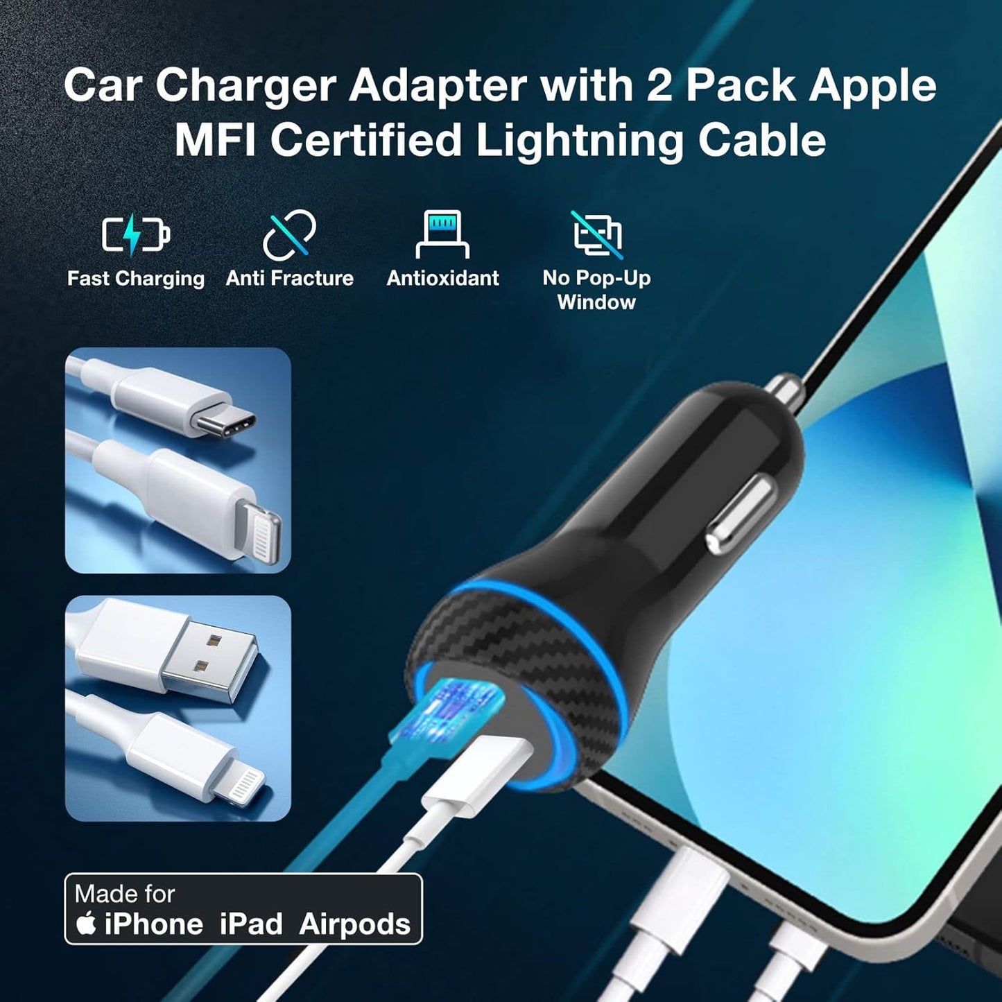 MOCA 51W Fast Charger for iPhone, USB C Dual Ports with 2pcs 3.3ft A-P/C-P Cable Car Charger Adapter for iPhone 13 12