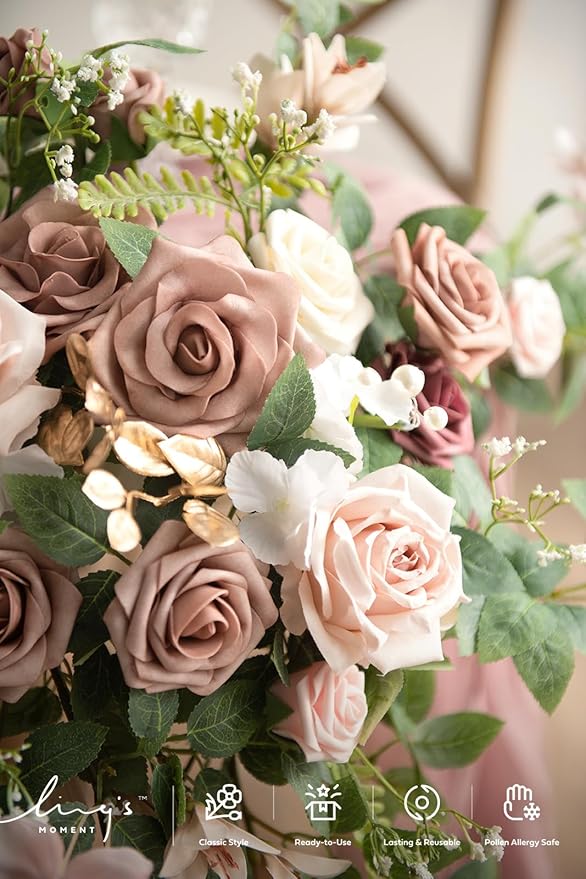 Ling's moment 2PCS Dusty Rose Arch Flowers Artificial Floral Swags Wedding Centerpieces Faux Flower Garland Greenery Arrangements for Engagement Party Sweetheart Table Decor Welcome Signs Wall