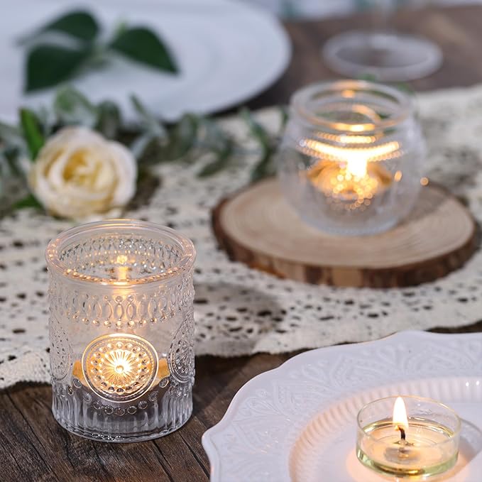 DARJEN 48Pcs Clear Votive Candle Holders - Glass Tea Light Candle Holder, Candle Holders Bulk, Embossed Candle Votives for Wedding Centerpiece & Home Decor