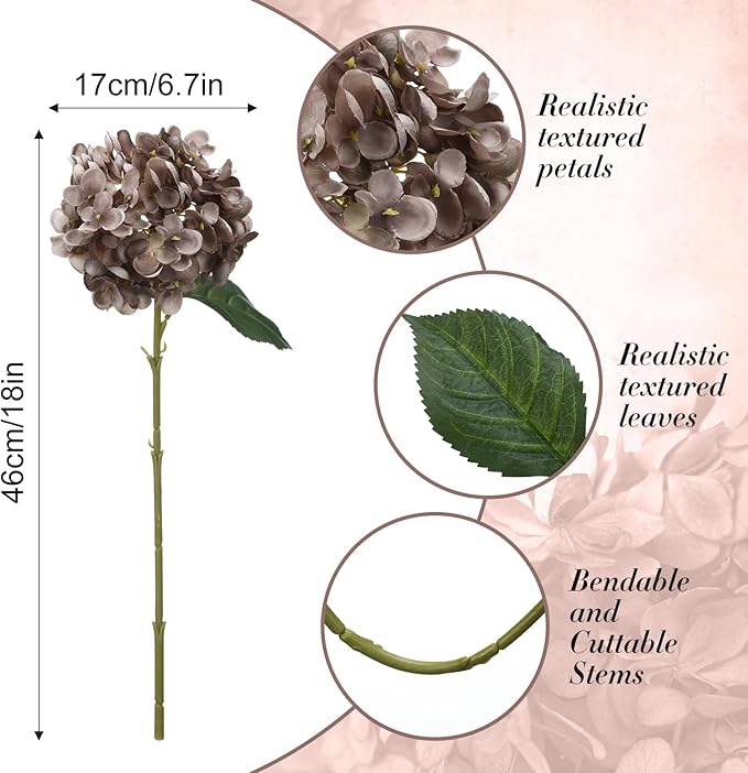 8 Pcs 18 Inch Hydrangea Artificial Flowers Faux Hydrangea Flowers with Stems Fake Bouquet Bulk Realistic Floral for Fall Home Table Christmas Indoor Outdoor Decoration(Coffee Brown)