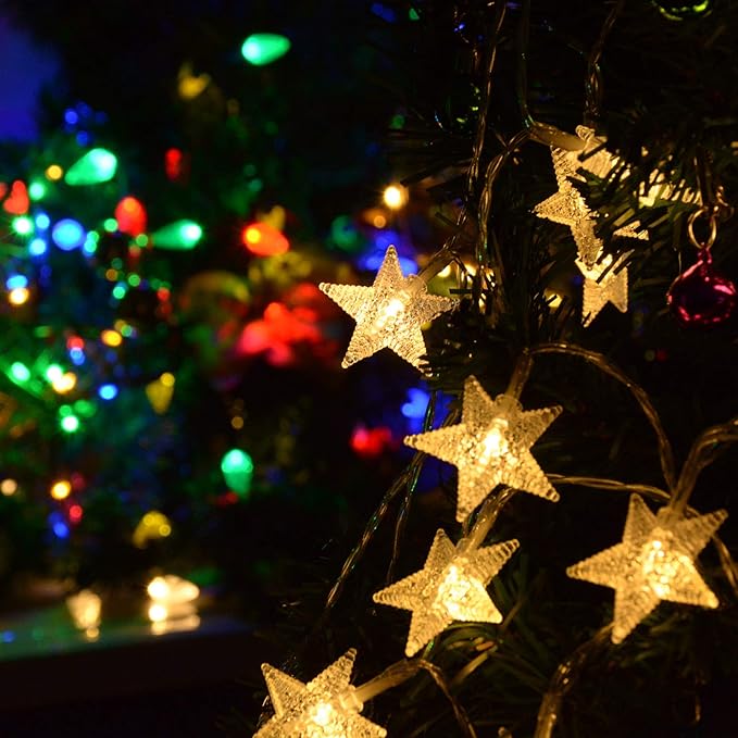Homeleo 25ft 50 LED Multicolor Star String Lights for Bedroom Decorations, Battery Operated Led Christmas Lights for Apartment Dorm Room Decor(Remote/Timer/Warm White Multicolor Combination)