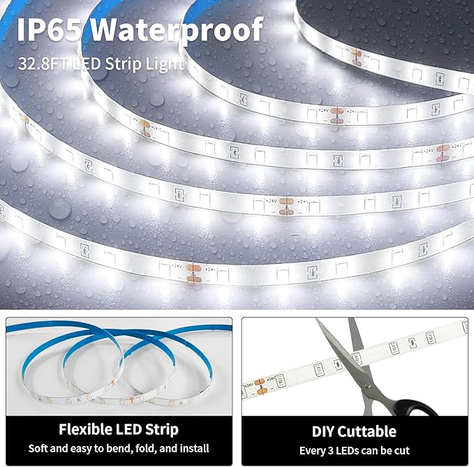 iNextStation 32.8ft/10M White LED Strip Light, 24V 2835 SMD 600 LEDs Flexible Cuttable Waterproof LED Tape Light for Bedroom Kitchen Cabinet Wardrobe TV (Power Adapter not Included)