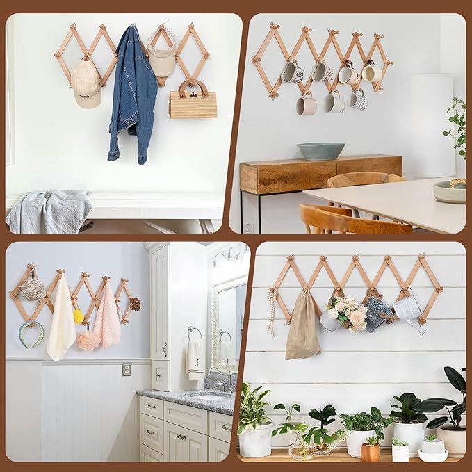 Wall Rack with 16 Hooks, Wooden Wall Expandable Coat Rack for Coat, Hats, Baseball Caps, Coffee Mug, Jewelry(Natural)