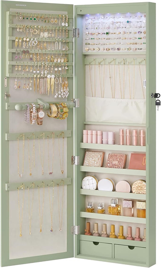 SONGMICS 6 LEDs Mirror Jewelry Cabinet, 47.2-Inch Tall Lockable Wall or Door Mounted Jewelry Armoire Organizer with Mirror, 2 Drawers, Christmas Gift, 3.9 x 14.6 x 47.2 Inches, Laurel Green