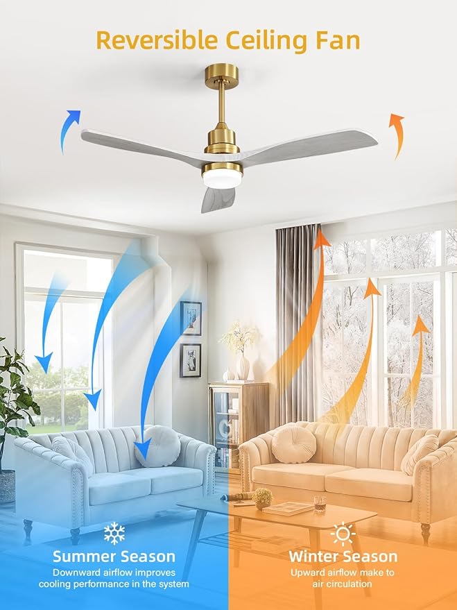 Sofucor 52 Inch Smart Ceiling Fans with Lights and Alexa/Google Assistant/APP/Remote Control-Modern Solid Wood Outdoor 3 Blades Ceiling Fan for Bedroom Living Room Indoor Farmhouse Patio, Grey Gold