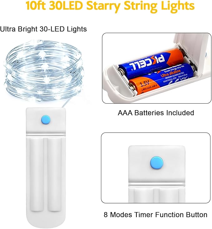 YJFWAL 12 Pack 10ft 30LED Starry String Lights with 8 Modes Timer Function Waterproof Fairy Lights Battery Operated(AAA Batteries Included) for DIY, Wedding, Party, Patio, Garden Decor (Cool White)