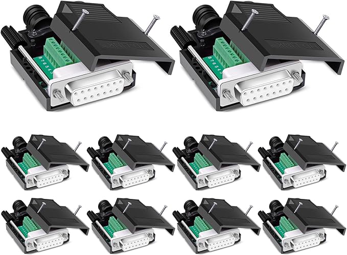 10PCS DB15 Solderless Connector, RS232 D-SUB Serial to 15-pin Port 16mm Thinner Terminal Female Adapter Breakout Board with Case Long Bolts Nuts
