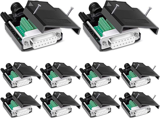 10PCS DB15 Solderless Connector, RS232 D-SUB Serial to 15-pin Port 16mm Thinner Terminal Female Adapter Breakout Board with Case Long Bolts Nuts