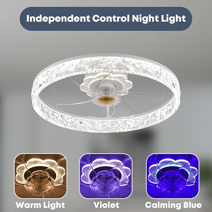 20'' Ceiling Fan with Light, Upgraded Low Profile Fan, Flush Mount Ceiling Fan, 6 Speeds, Dimmable LED, App & Remote Control, Quiet DC Motor, for Bedroom, Living Room, F098 White
