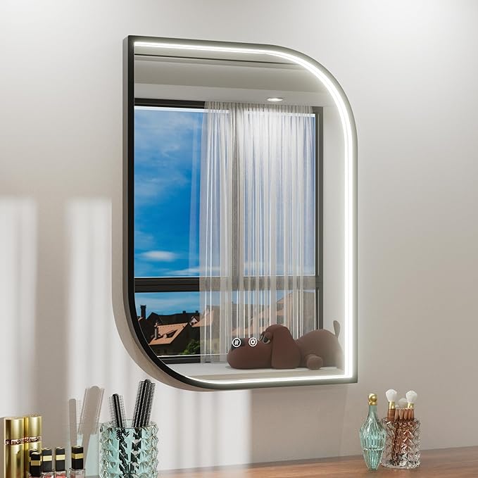 22x32 Inch LED Mirror for Bathroom, Adjustable 3000K/4500K/6000K, Irregular Black Frame Lighted Bathroom Vanity Mirror with Lights, Anti-Fog, Stepless Dimmable, Wall Mounted