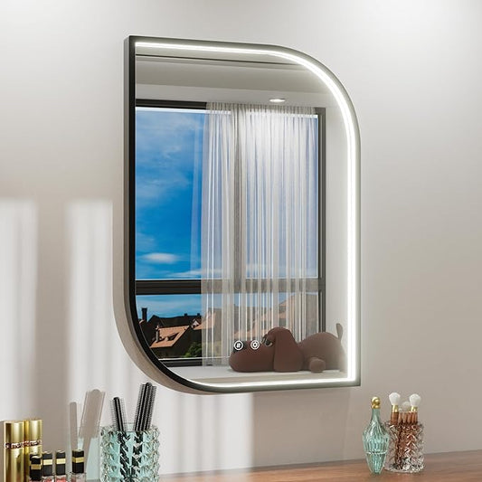 22x32 Inch LED Mirror for Bathroom, Adjustable 3000K/4500K/6000K, Irregular Black Frame Lighted Bathroom Vanity Mirror with Lights, Anti-Fog, Stepless Dimmable, Wall Mounted