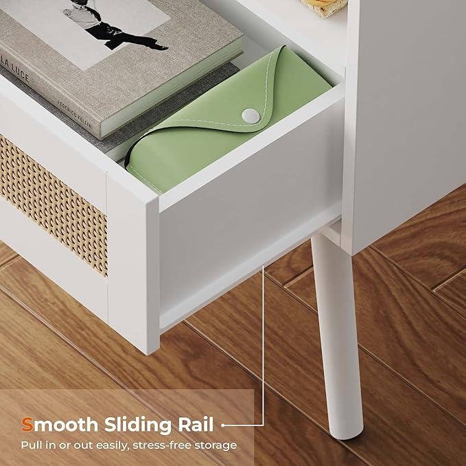 SUPERJARE Nightstands with Charging Station, Bedside Table Set of 2 with PE Rattan Drawers, Rattan Side Table with Storage & Solid Wood Feet, End Table for Bedroom, White