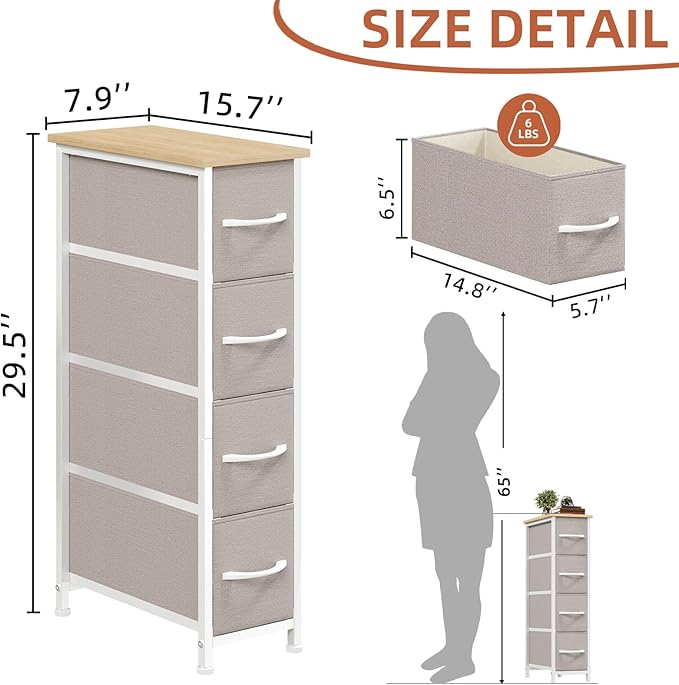 Somdot Narrow Dresser with 4 Drawers, Slim Storage Organizer Chest of Drawers with Removable Fabric Drawers for Small Spaces Bathroom Closet Bedroom Laundry, Ash Grey