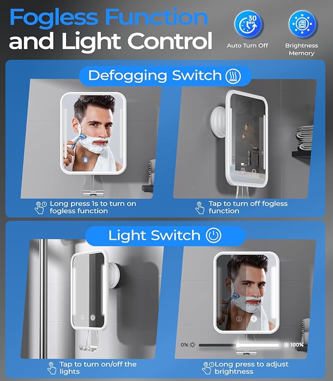 Gospire Heated Shower Mirror Fogless for Shaving with Light, 5000mAh Rechargeable Battery, Detachable Suction Cup and Razor Holder for Wall, NO-Drilling, Removable, Waterproof for Bathroom - White