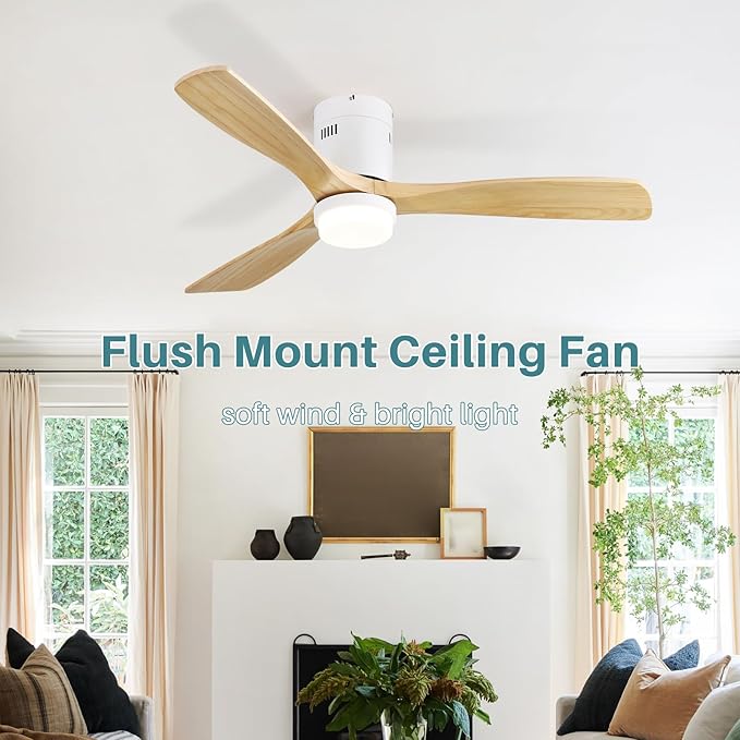 Sofucor Ceiling Fan with Lights-52 Inch Flush Mount Ceiling Fan with Light and Remote Control, Low Profile Wood Blades Modern Outdoor Ceiling Fans for Bedroom/Farmhouse/Patio/Indoor, Quiet DC Motor