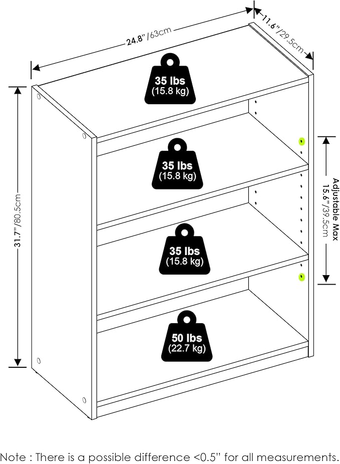 Furinno GEHRY Book Shelf, 3-Tier Bookshelf, Bookcase with Adjustable Shelves, 11.6 x 24.8 x 31.6, for Living Room, Bedroom, Home Office, White