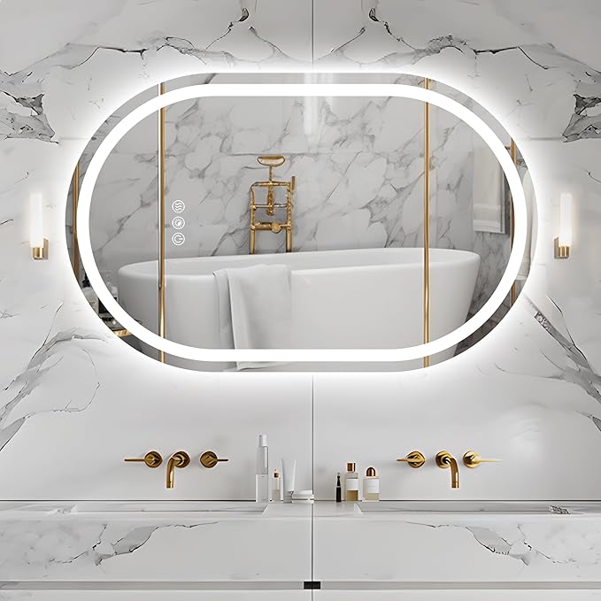 Oval LED Bathroom Mirror 48x30 Inch,Frameless LED Oval Bathroom Mirror with Lights,Anti-Fog Mirror for Bathroom Wall with Light,Dimmable 3 Color Vanity Mirror with Light(Horizontal/Vertical)