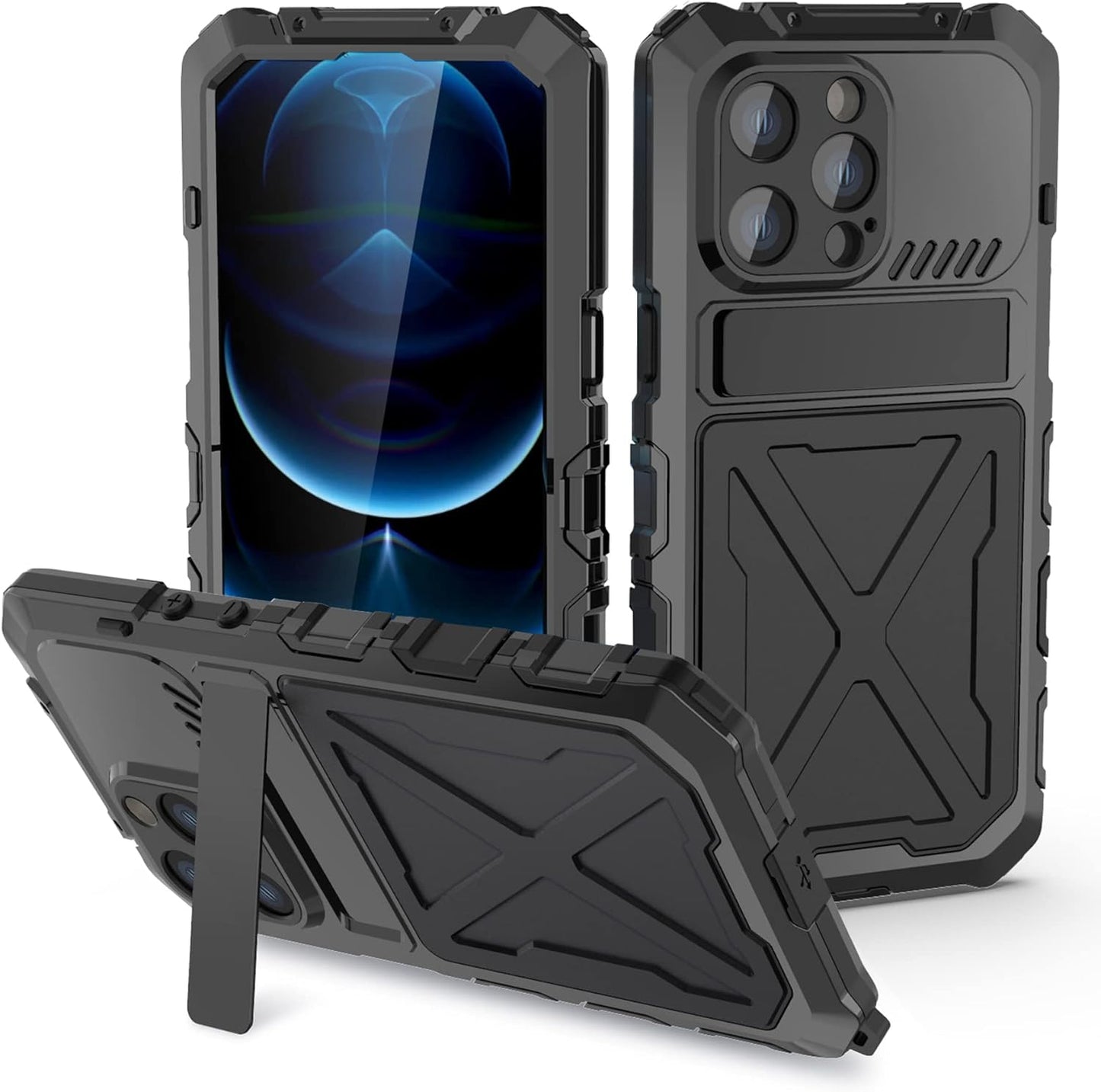iPhone 14 Plus Metal Bumper Case, Military Rugged Heavy Duty Armor Defender with Built-in Gorilla Glass (Black)