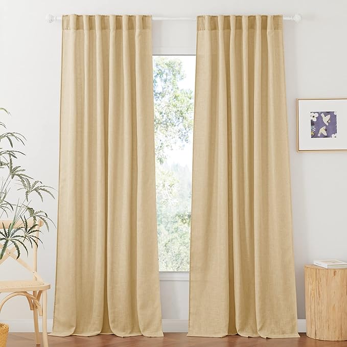 RYB HOME Decor Faux Linen Blended Sheer Curtains, Semitransparent Sheer Curtains Panels for Bedroom Living Room Home Office, Sand, W 52 x L 84 inches Long, 2 Pcs