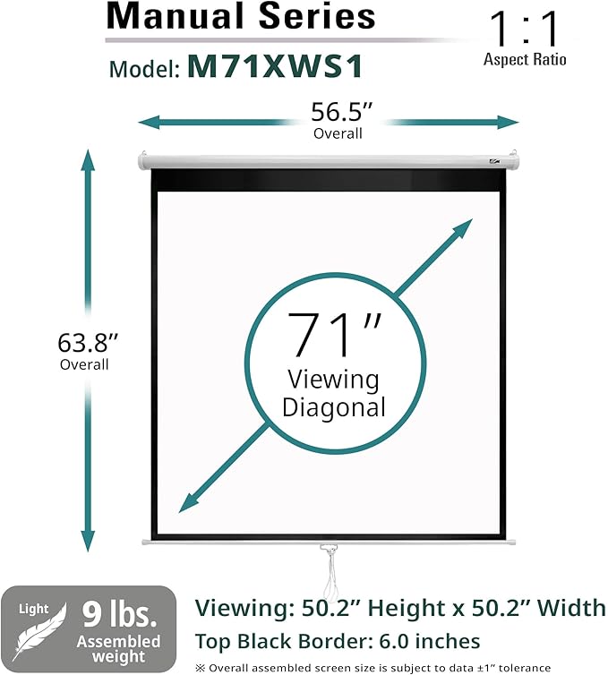 Elite Screens Manual Series, 71-INCH 1:1, Pull Down Manual Projector Screen with AUTO LOCK, Movie Home Theater 8K / 4K Ultra HD 3D Ready, 2-YEAR WARRANTY, M71XWS1
