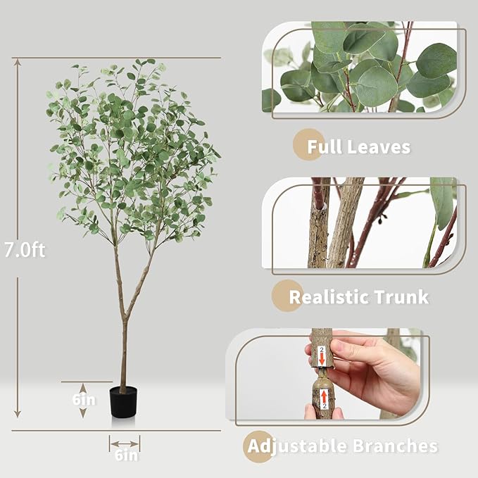 Faux Eucalyptus Tree 7ft(82in) Artificial Potted Tree for Indoor Decor Large Realistic Potted with Silk Leaves and Natural Wood Trunk for Home Living Room,Office Foyer,Porch Decor.