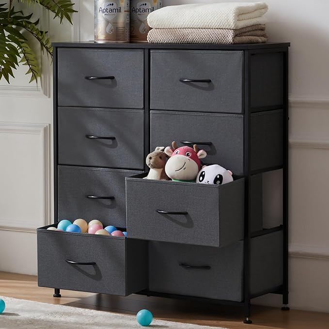 DUMOS 8 Drawer Dresser for Bedroom, Fabric Storage Organizer with Sturdy Metal Frame, Wooden Top Chest of Drawers for Closet Nursery Entryway Guest Room, Grey