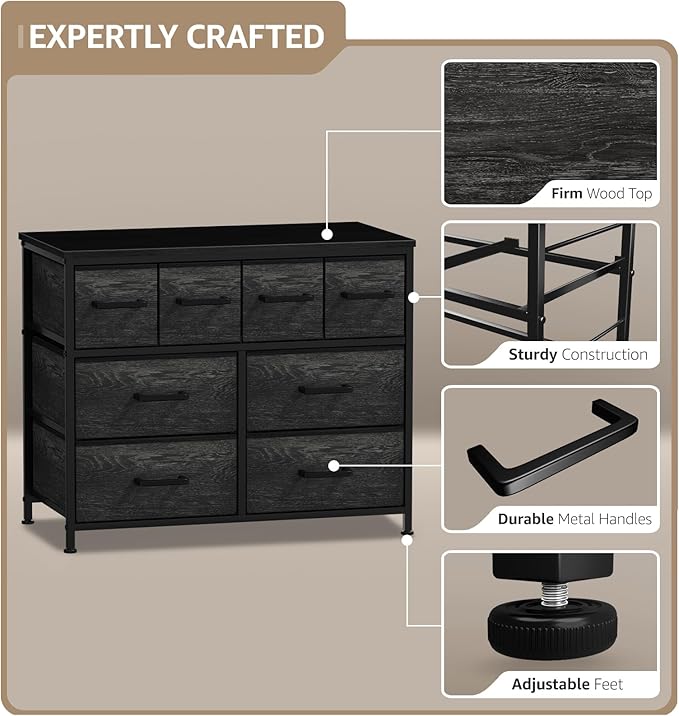 Sorbus Dresser with 8 Faux Wood Drawers - Chest Organizer Unit with Steel Frame Wood Top & Handle Easy Pull Fabric Bins for Clothes - Large Storage Furniture for Bedroom Hallway, Living Room & Closet