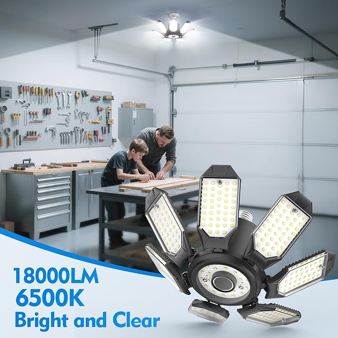 TANBABY 250W LED Garage Lights 2 Pack, Total 30000LM Deformable Best Ceiling Light with 7+1 Panels, E26/E27 Screw in Bulbs for Basement, Attic