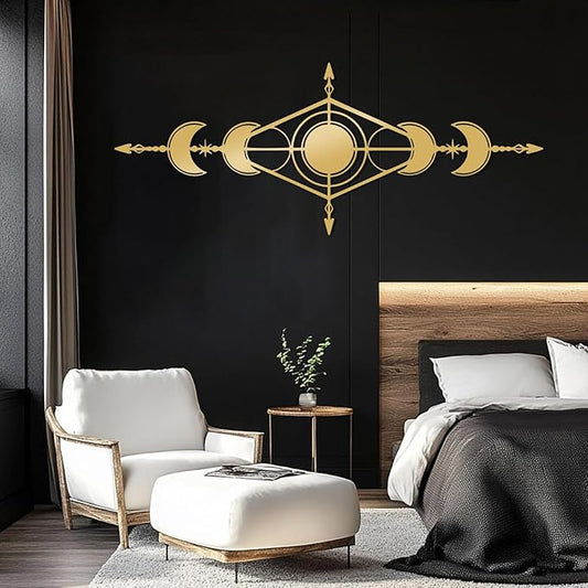 Hfrolixit Moon Phase Metal Wall Decor, Boho Moon Metal Wall Art, Celestial Wall Decor, Scandinavian Natural Wall Art, Astrology Wall Hanging (Gold, 30"x12"/76x31cm)