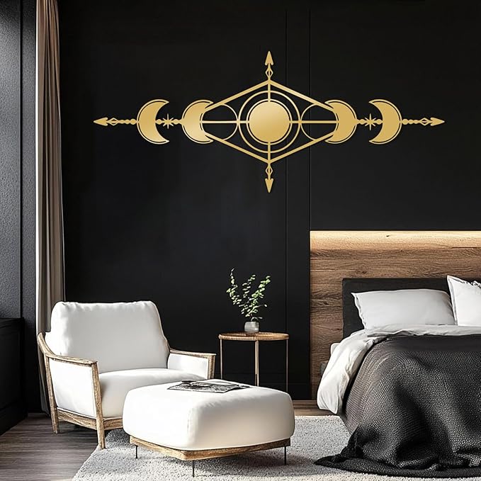Hfrolixit Moon Phase Metal Wall Decor, Boho Moon Metal Wall Art, Celestial Wall Decor, Scandinavian Natural Wall Art, Astrology Wall Hanging (Black, 24"x9"/60x24cm)