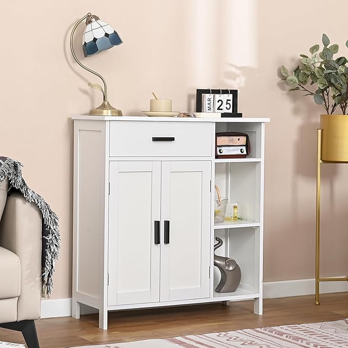 WEENFON Bathroom Cabinet, Floor Storage Cabinet with Doors and Shelves, Coffee Bar Cabinets with Drawer, for Living Room, Bathroom, Kitchen, White