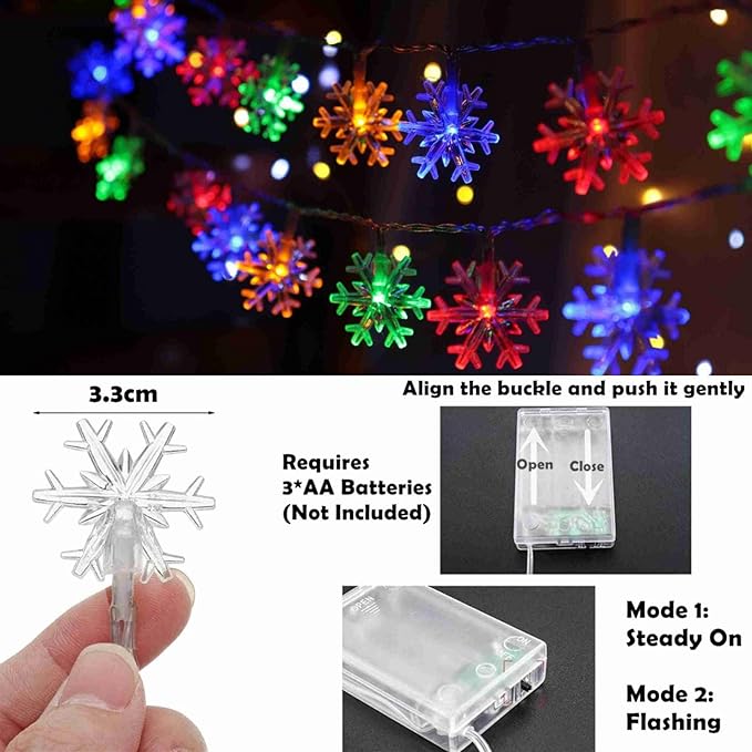 CESOF Christmas Lights Multicolor 20 FT 40 LED Multi Colored Snowflake String Lights Battery Operated Colorful Fairy Light for Bedroom Party Home Xmas Decor Christmas Tree Decorations