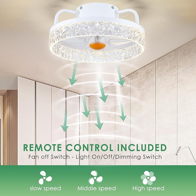 White Ceiling Fans with Lights and Remote - Low Profile Flush Mount Ceiling Fans - 13” Modern Bladeless Enclosed Ceiling Fans with Led Light and Stepless Dimming, White Small Ceiling Fan for Bedroom