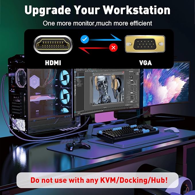 HDMI to VGA Cable Adapter 6FT (Anti-Interference Gold-Plated Plugs) Uni-Directional Only, 1080p@60Hz HDMI (Source) to VGA (Display) Braided Cord for PC,Laptop,Xbox,Graphics Card