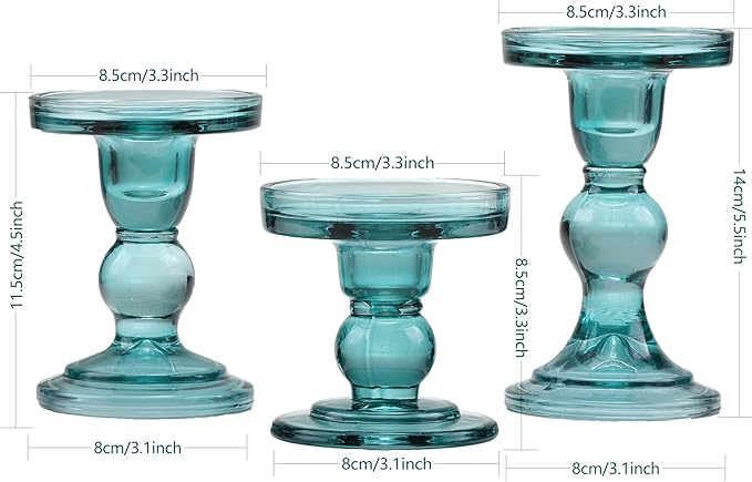 GMWD 3 Pcs Glass Candle Holder Set Clear, Green Candlesticks Holders Pillar Taper Candles Tealight Stand for Wedding Centerpieces Home Decorations Dining Table
