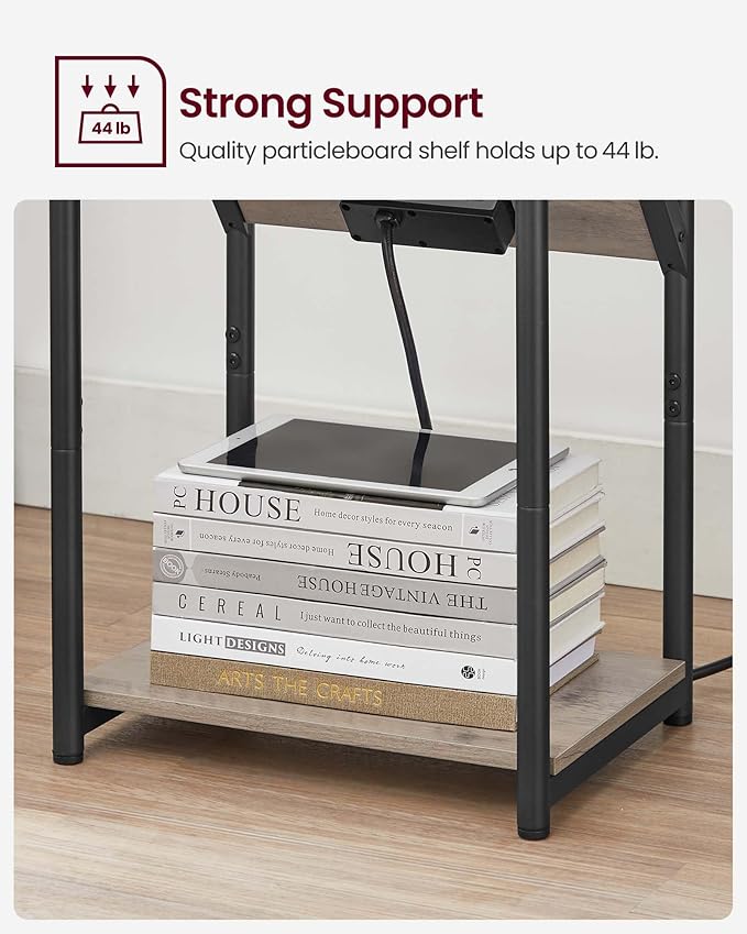 VASAGLE End Table with Charging Station, Small Side Table for Living Room, Bedroom, Nightstand with Outlets and USB Ports, Bedside Table with Storage Shelf, Heather Greige and Black