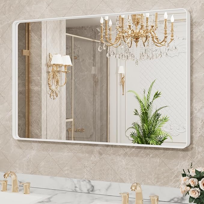 LOAAO 40x32 Inch White Metal Framed Bathroom Mirror for Wall, White Bathroom Vanity Mirror Farmhouse, Large Rounded Rectangle Mirror, Anti-Rust, Tempered Glass, Hangs Horizontally or Vertically