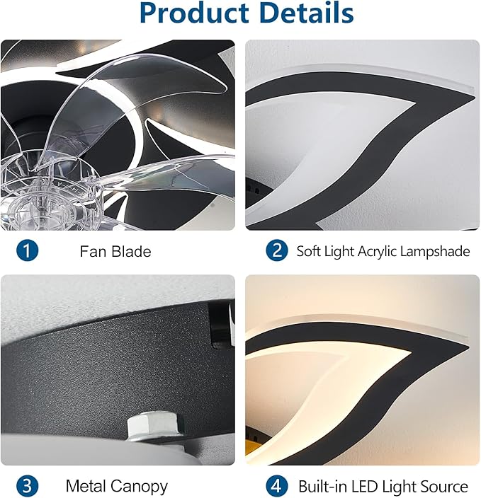 32" Black Modern Ceiling Fan with Lights Remote Control, 6 Speeds 3 Light Color Low Profile Flush Mount Ceiling Fan with Light for Kitchen Bedroom