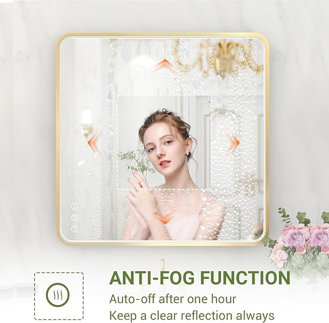 LED Bathroom Mirror with Lights, 32x32 Inch Gold Metal Framed LED Mirror for Bathroom, 3 Colors and Stepless Dimmable Wall Mounted Lighted Bathroom Vanity Mirror, Anti-Fog, Memory