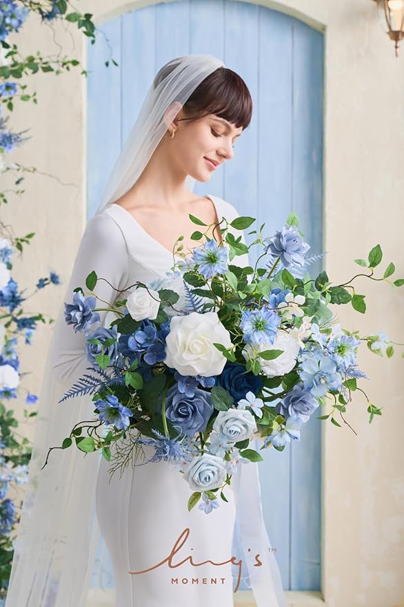 Ling's Moment Artificial Flowers Fake Silk Roses Faux Foam Gardenia Combo for DIY Wedding Bouquets Centerpieces Arrangements Bridal Shower Party Home Decorations, Dusty Blue & Ivory, 23pcs