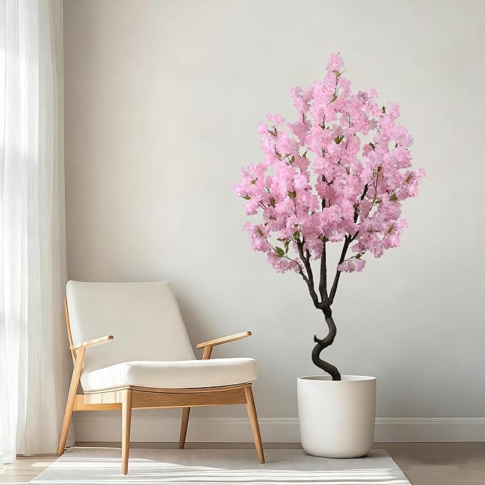 Faux Pink Cherry Blossom 5.5ft(67in) Tall Artificial Plant Indoor Decor Natural Realistic Fake Cherry Blossom Tree for Wedding Party Sakura Plant in Pot for Home Living Room,Office,Outdoor Decor