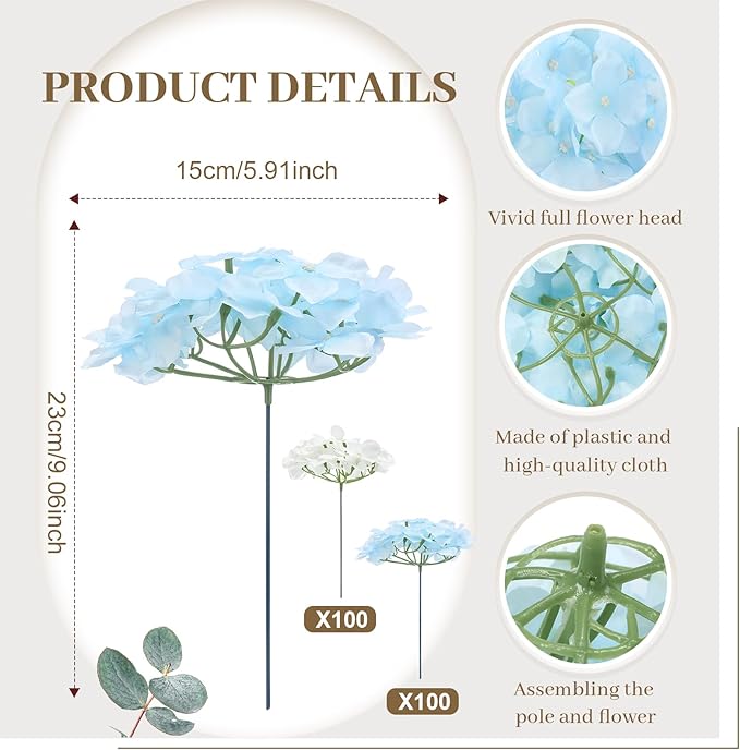 Zeyune 200 Pcs Hydrangea Artificial Flowers, Silk Flower Heads with Stems, Fake Hydrangea Bouquet for Wedding Arch Centerpiece DIY Floral Home Decoration (White and Blue)