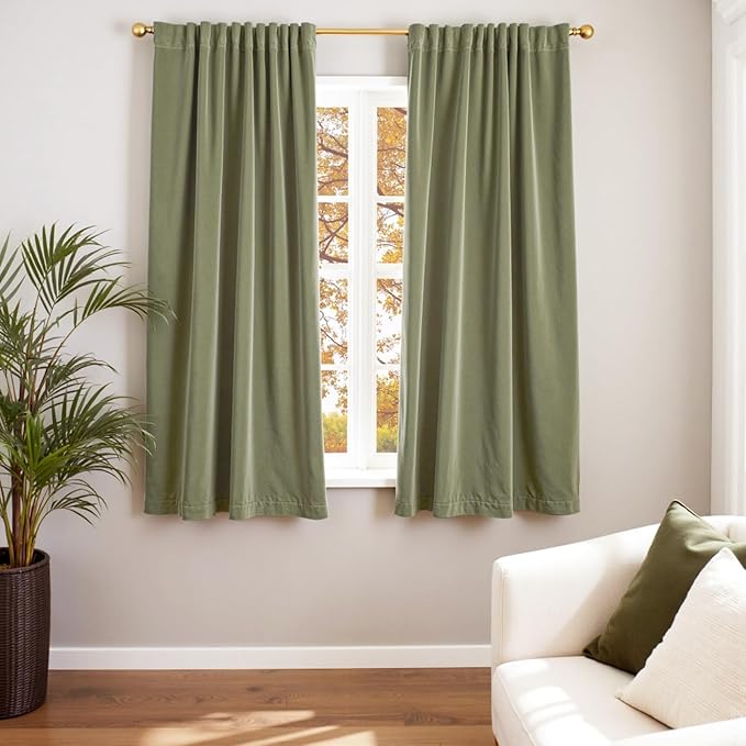 Lazzzy Velvet Blackout Curtains Thermal Insulated Room Window Drapes Super Soft Luxury Curtains for Living Room Bedroom Rod Pocket 2 Panels, Olive Sage, 52" W x 63" L