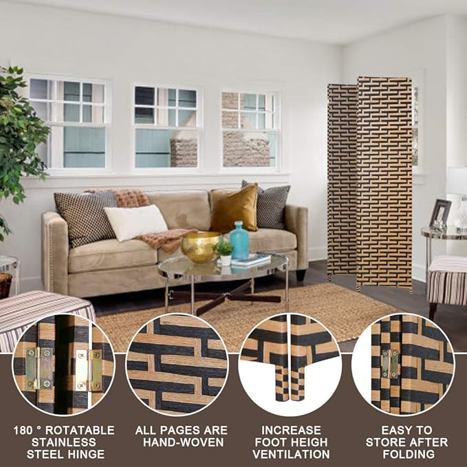 Room Divider Wood Screen 4 Panel Wood Mesh Woven Design Room Screen Divider Folding Portable Partition Screen Screen Wood for Home Office