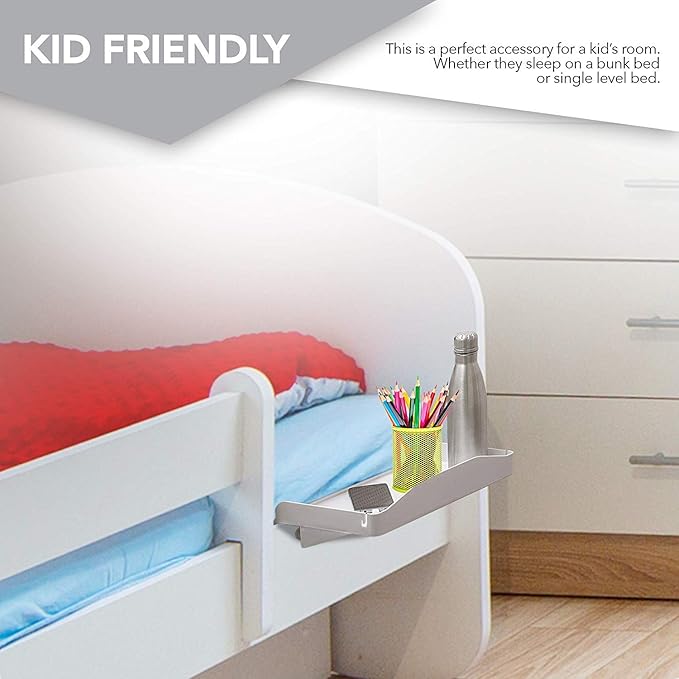 Modern Innovations Bedside Shelf for Bed, College Dorm Room, Bunk Bed Shelf/Caddy for Top Bunk, Clip On Nightstand Tray with Cord and Cup Holder for Table Storage (White)