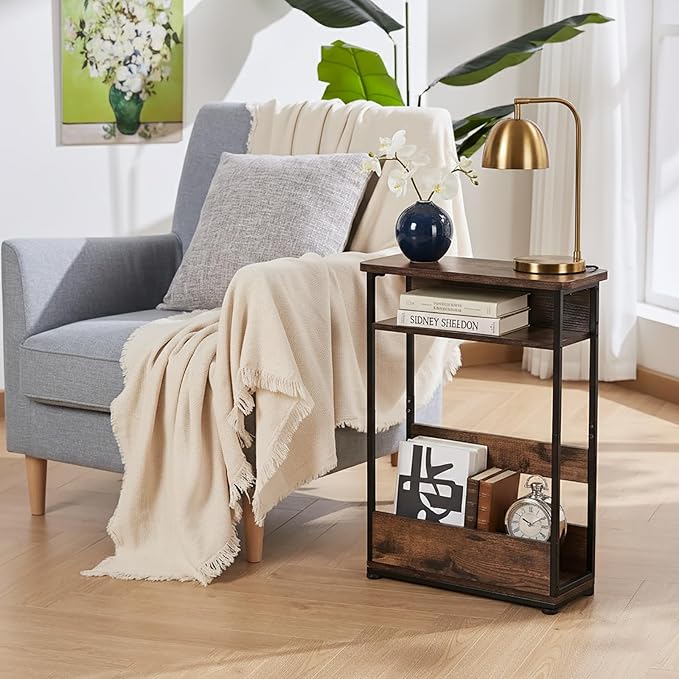 Vintage Narrow Side Table with Storage Shelf, 3 Tier Slim End Table Modern Sofa Table for Narrow and Small Spaces, 24.6 Inch Height Bedside Table Small Nightstand with Magazine Rack/Brown