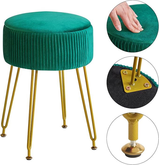 IBUYKE Velvet Storage Footrest Stool Ottoman, Makeup Vanity Stool Side Table with Golden Steel Legs Removable Cover, Coffee Table Top Cover, Green LG-20L