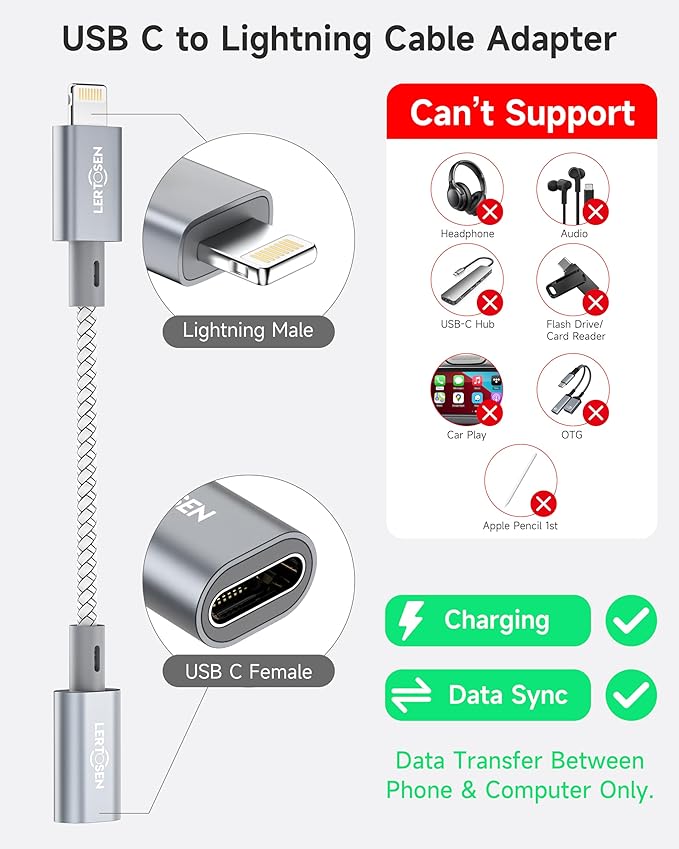MFi Certified USB C to Lightning Adapter 2 Pack,27W PD Fast Charging & Data Sync Cable Adapter,Type C Female to Lightning Male Charger Converter for iPhone 14/13/12/11,iPad,AirPods - Not for Audio/OTG