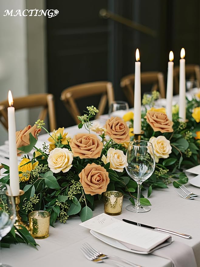 MACTING 30PCS Artificial Flower Roses Real Touch Fake Rose Flowers with Stem Gold Yellow Foam Roses for DIY Wedding Bouquet Table Centerpieces Party Baby Shower Spring Home Mothers Day Decorations