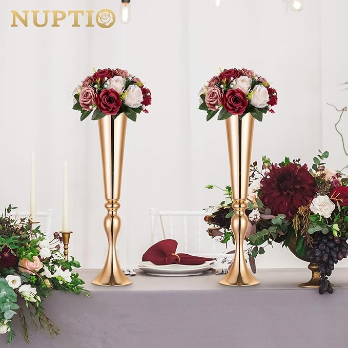 NUPTIO Artificial Flower Centrepieces for Tables - 10 Pcs Burgundy & Dusty Rose & Creamy White Fake Flowers Roses Balls 9.5in Diam - Silk Faux Rose Arrangement for Wedding Party Table Decor